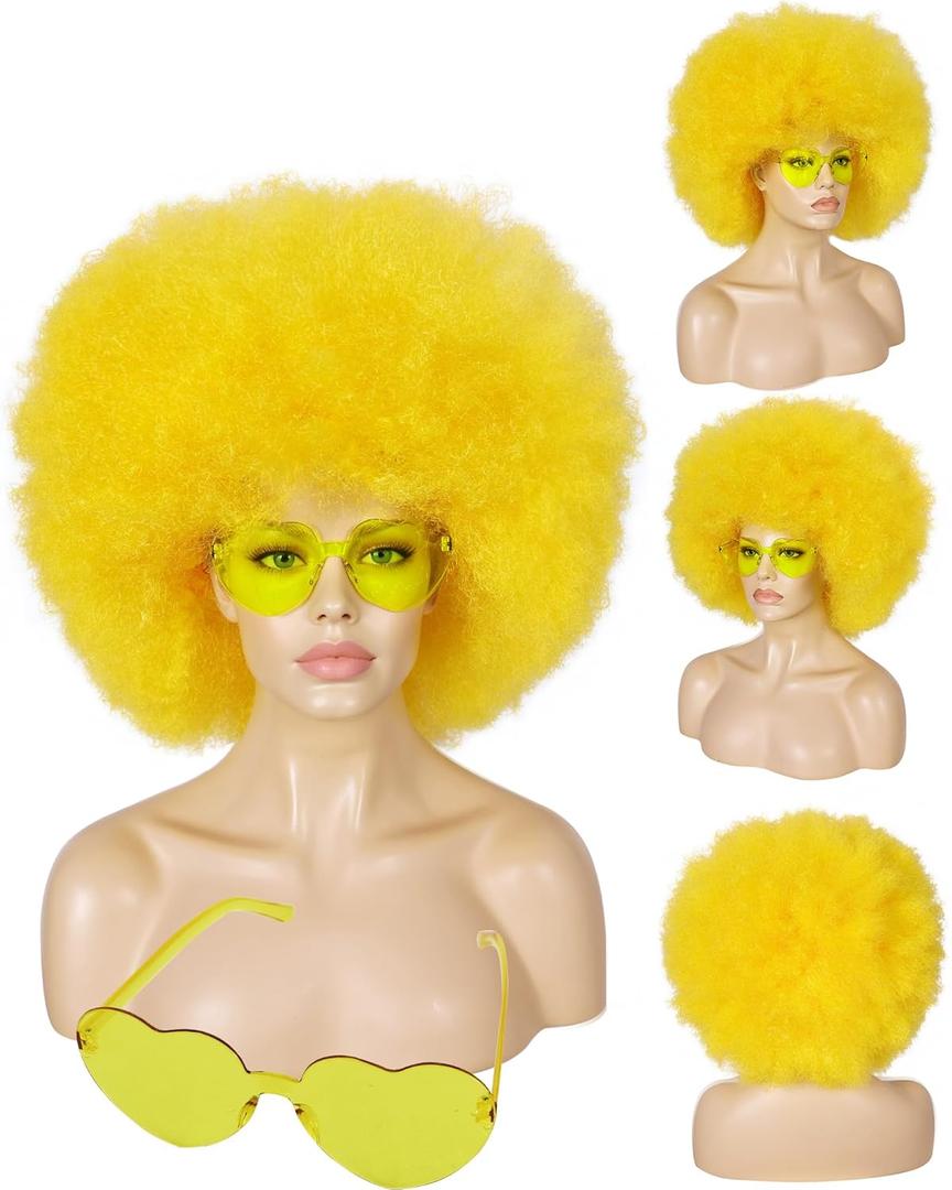 BESTBEL+Hair Cap Yellow Afro Wig and Sunglasses Short Yellow Wigs Afro Clown Wig for Halloween Disco Party Outfits Funny Wigs for Adults Cosplay Costume Fluffy Bouncy Synthetic Hair