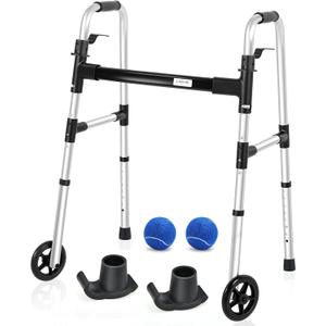 FSA/HSA Eligible Folding Walker with 2 Precut Tennis Balls, 5" Wheels Lightweight Walkers for Seniors and Adults, Supports Up to 350 Pounds, Adjustable Height, Compact Standard Walker