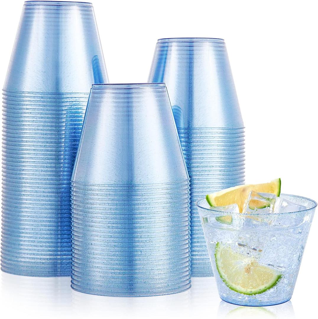 JOLLY CHEF 100 Pack 9 oz Blue Plastic Cups, Disposable Cups Tumblers, Elegant Blue Glitter Party Glasses for Wedding, Thanksgiving Day, Christmas Halloween, 100 Count