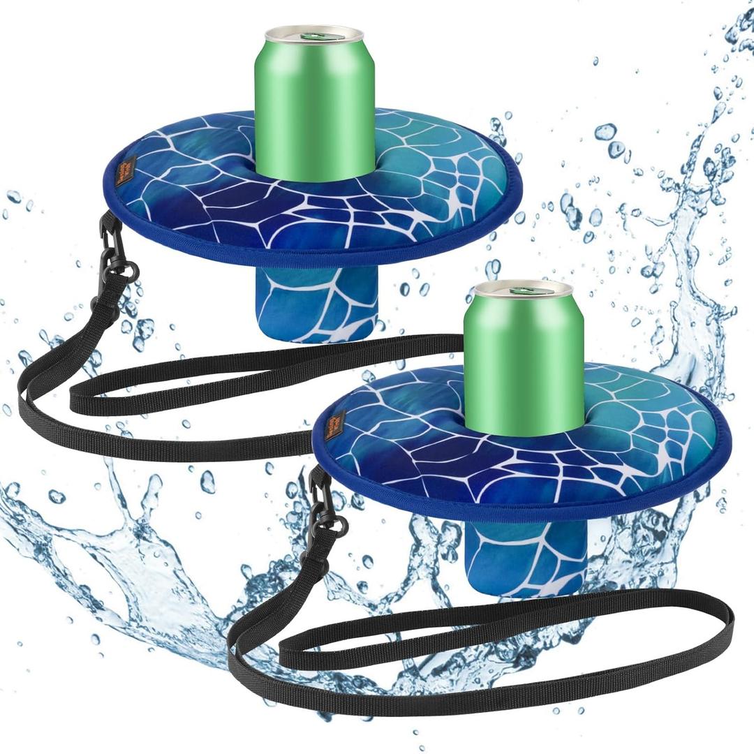 Desing Wish Floating Drink Holder for Pool Neoprene Drink Floaties for Pool Cup Floats for Beverage Cans/Cups/Bottles, Thickened Floating Cup Holder - 2 Pack (Blue Moire)