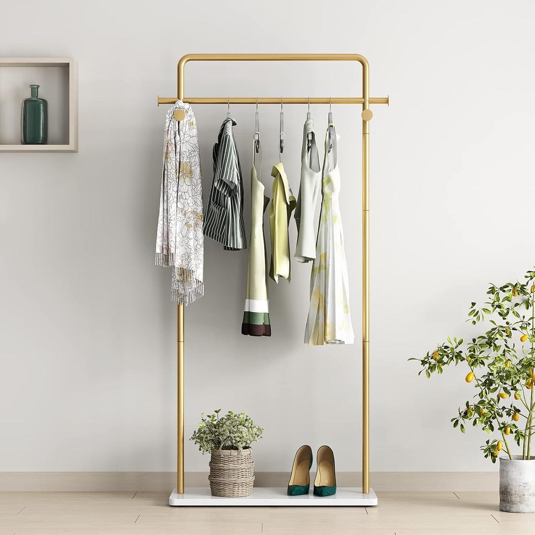Gold Coat Racks with Shelf, Heavy Duty Gold Clothing Racks for Boutiques, Free-Standing Metal Garment Rack for Hanging Clothes, Modern Clothes Rack Entryway