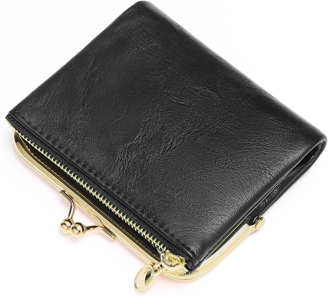 Wallet Women Small RFID Blocking Bifold Leather Wallets for Women Vintage Coin Purse With Zipper and Kiss Lock (1A-Black)