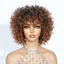 Short Curly Afro Wigs with Bangs Ombre Brown Bouncy Curls Glueless Friendly for Beginner Kinky Curly Wig for Black Women 4A Curls, 6 Inch, M1B/30