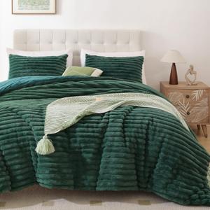 Smoofy Fluffy Twin Comforter Sets 2 Pieces - Dark Green Fleece Fluffy Comforter Set, Luxury Fuzzy Twin Bedding Set, Soft Warm Comforter All Season, Heavy Faux Fur Comforter with Pillow Cases