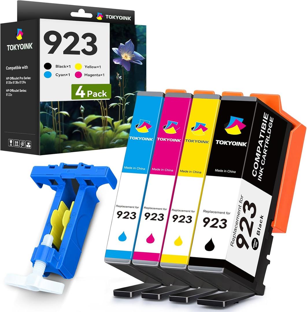 TOKYOINK 923 Ink Cartridges Combo Pack 4 Pack Replacement for HP923 923 Ink Cartridges for OfficeJet 8120 8122e 8123 OfficeJet Pro 8130 8135e 8138e 8139e Printer Latest Version Without Chip 4 Pack