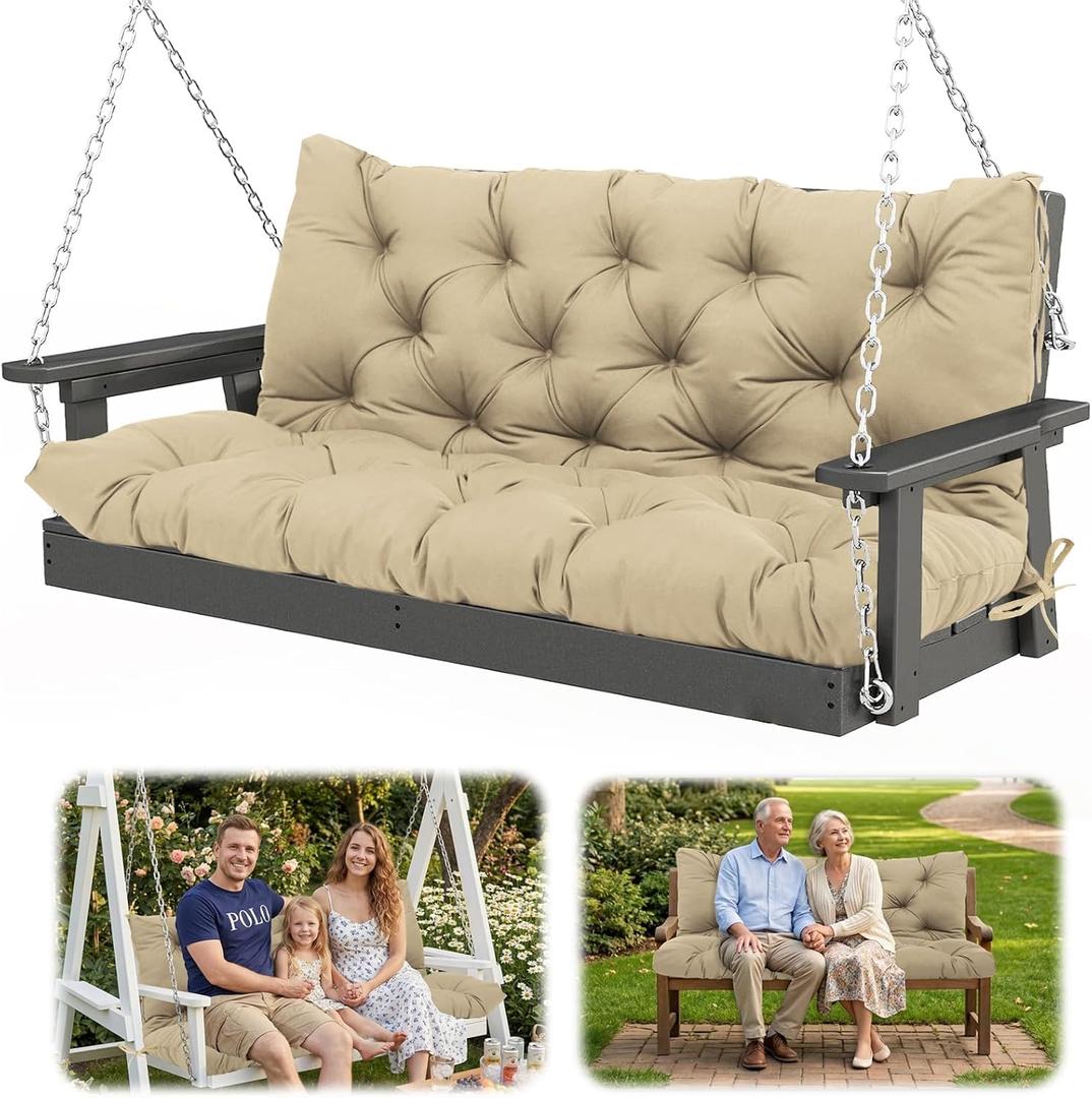 60x40 in Replacement Swing Cushions for Outdoor Furniture,2-3 Seater Waterproof Porch Bench Cushions with Ties and Backrest - 5" Thick Patio Swing Chair Cushion for Garden Backyard(Khaki)