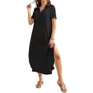 Bsubseach Womens Bathing Suit Cover Up V Neck Button Down Long Swimsuit Cover Up Short Sleeve Beach Shirt Dress with Pocket Medium, Black