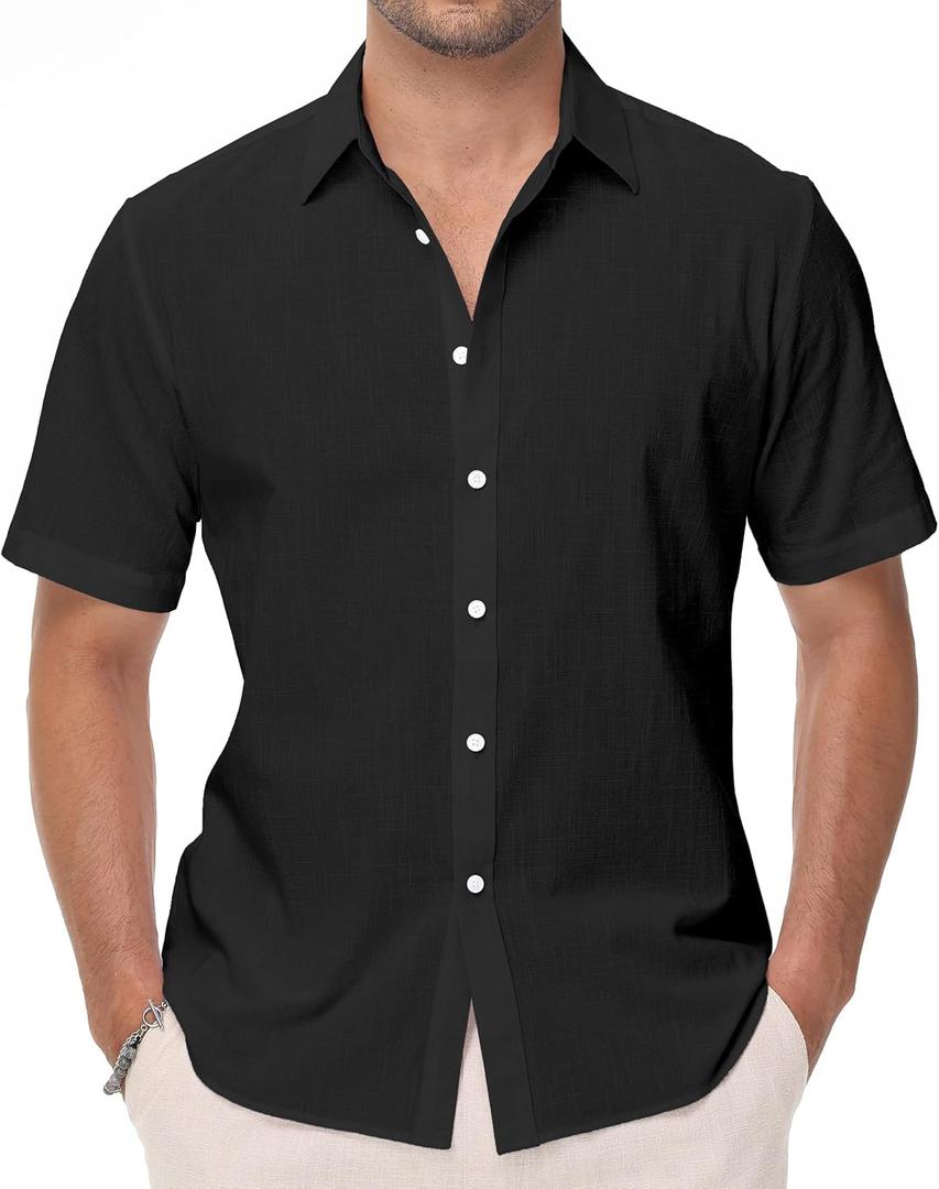 Mens Linen Shirts Short Sleeve Button Down Regular Fit Shirts Casual Vacation Beach Summer Hawaiian Tops (Black, M)