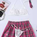 Avidlove Sexy Lingerie Set for Women Plaid Mini Skirt Outfit with Thong Set 4 Piece (Large, Pink)