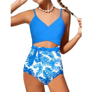 Girls Swimsuit Cutout One-Piece Bathing Suit V-Neck Swimsuits for Teens Cute Swimwear with Drawstring Cover Up 9-18y (11-12 Years, Blue Tropical Plant)