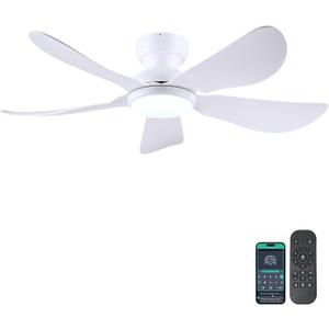 46 Inch Modern Ceiling Fans with Lights, Flush Mount Ceiling Fan with Light and Remote/APP Control, 5 Reversible 6 Speeds Curved Blades, 3 CCT Dimmable Lights for Bedroom, White