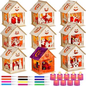 Wettarn 9 Set Halloween Craft Wooden House for Kids - Make Your Own Lighted Haunted House DIY Art Kit - Party Favors, Decoration, Classroom Projects