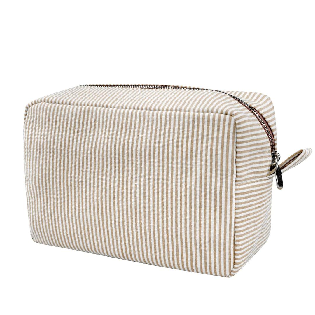 GFU Cosmetic Bags for Women, Seersucker Cosmetic Bag, Travel Toiletry Stripe Makeup Bag, Large Women Aesthetic Organizer Storage Pouch, Girls Handbags Purses, brown