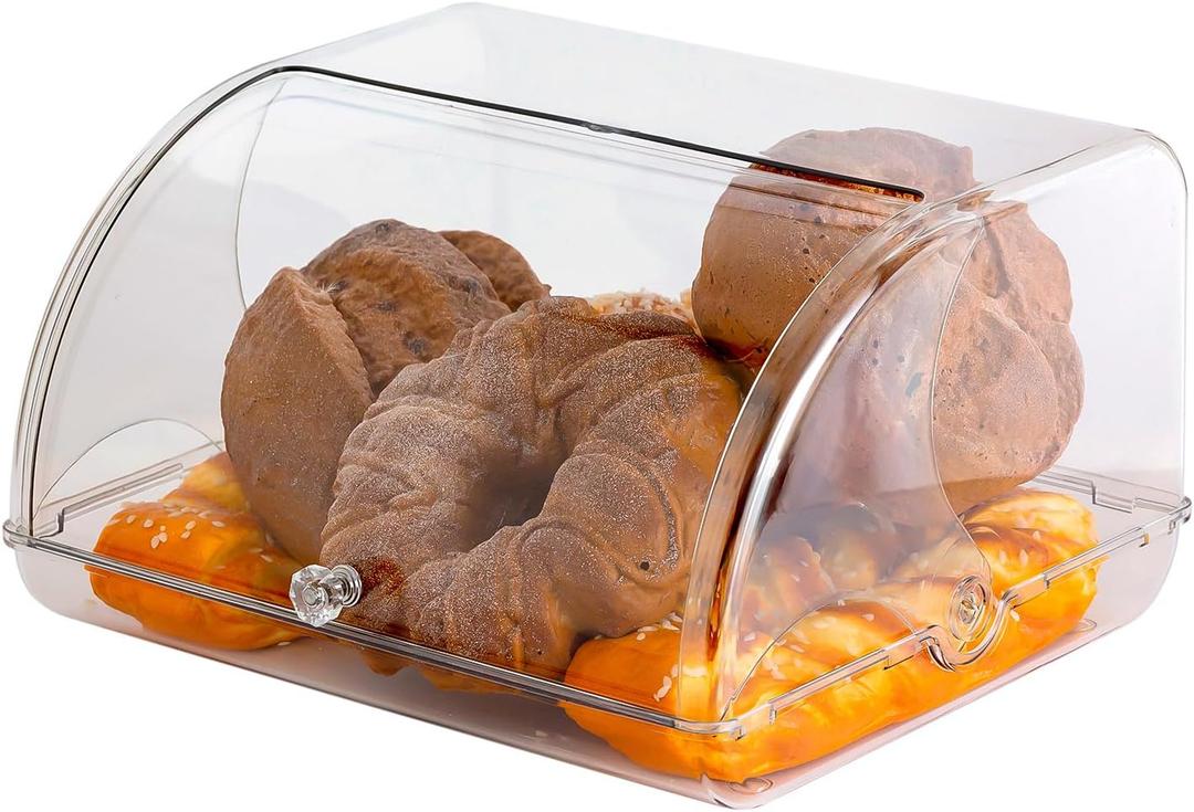 Gagee Bread Box for Kitchen Countertop,Acrylic Bread Storage Container for Homemade Bread,Cookies, Bagels, Muffins, Bread Holder with Roll Top Lid,Clear