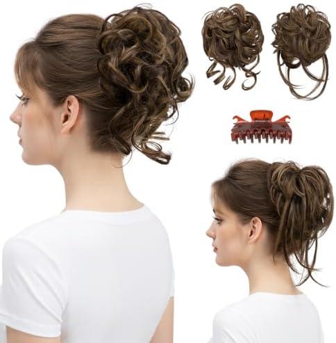 SARLA 2PCS Brown Messy Bun Hair Pieces for Women Detachable Claw Clip Wavy Curly Synthetic Hairpieces for Updos with Tendrils Fake Scrunchies Ponytail Extension Coffee Brown