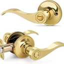 LOQRON Privacy Wave Style Gold Door Handles (No Key) Interior for Bathroom and Interior Closet, Polished Gold Door Lock with Reversible Lever, Polished Brass,1 Pack