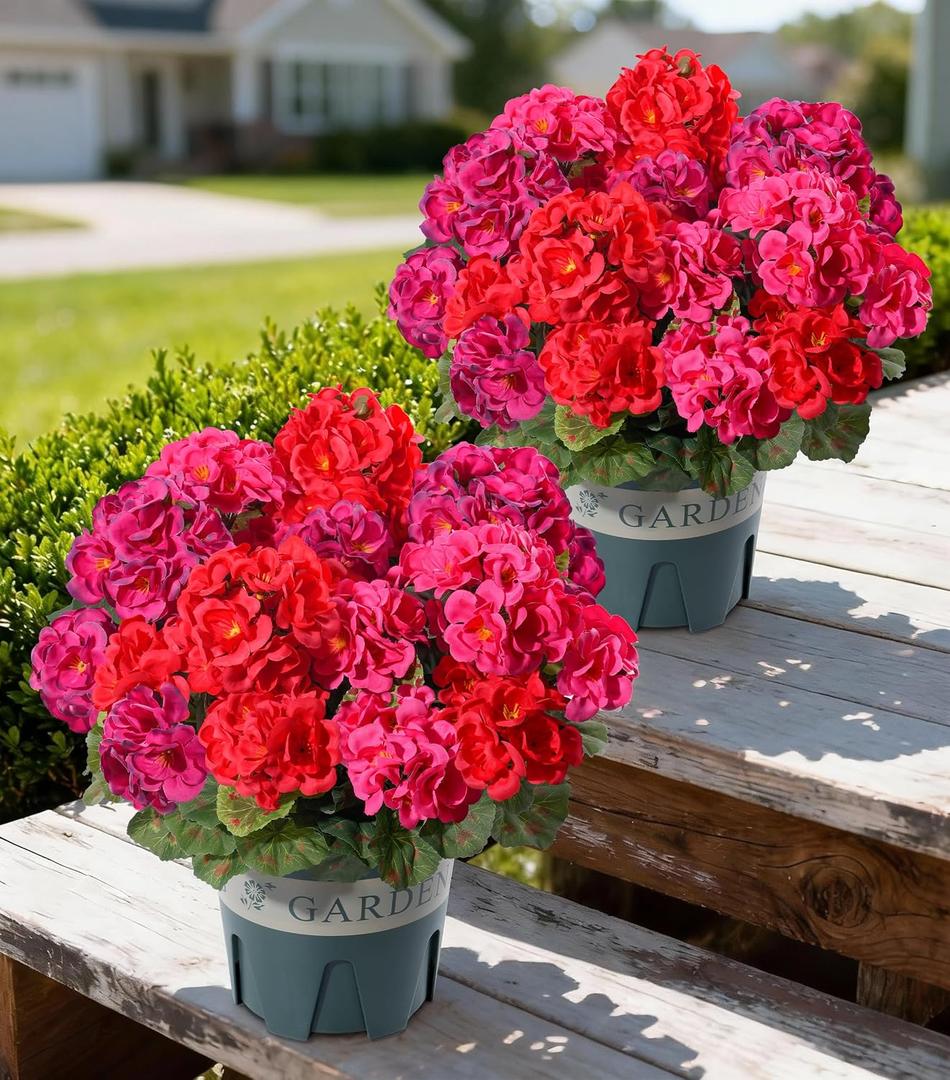 Geraniums Artificial Flowers for Outdoors, 2 Pack Potted Plants Faux Geraniums Bush Artificial Topiaries Realistic UV Resistant Fake Flowers Greenery for Outside Gardens Porch Patio Yard Indoor