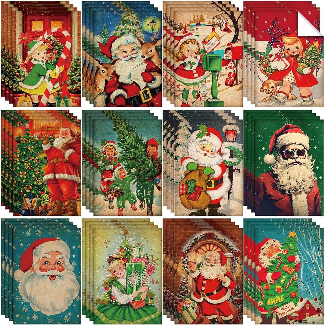 PerKoop 48 Sheets Vintage Christmas Decoupage Paper 8.3 x 11.7 Inch 12 Styles Christmas Santa Claus Paper Napkin Decoupage for Craft Scrapbooking Xmas Decorative Supplies