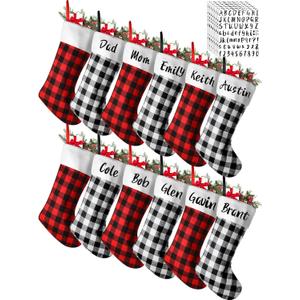 Tatuo 12 Pack Christmas Burlap Stockings 17 Inch Christmas Hanging Decorations Tree Decor Xmas Party Supplies with 4 Sheets Black Letter Self Adhesive Vinyl Stickers(Black Red, Black White)