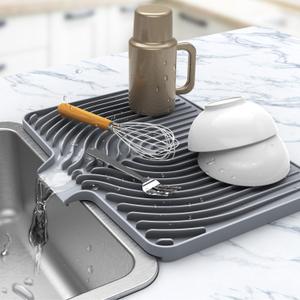 Kitchen Drying Mat for sink with a bulged edge,10"14"18"20"Silicone Dish Drying Mat with built-in Drain Spout, Rubber Dish Mat for Kitchen (18"12"gray)