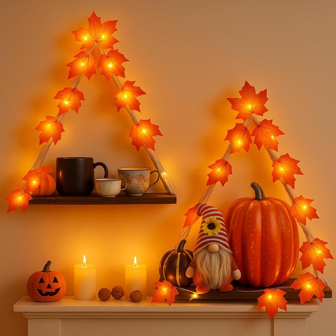 Set of 2 Fall Wall Decor Floating Wall Shelves with Maple Leaf Light String Thanksgiving Fall Leaf Garland Lights Hanging Shelf for Autumn Thanksgiving Home Living Room Bedroom Decoration