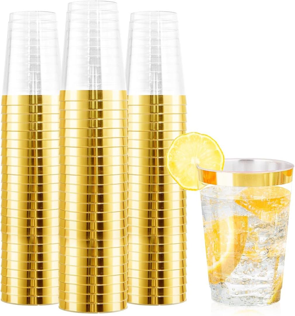 Ciaell 120PCS Gold Plastic Cups - 12Oz Heavy Duty Plastic Cup - Disposable Gold Rimmed Cups - Premium Gold Rim Cup Perfect for Wedding & Party