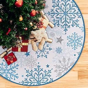 Fzbali Snowflakes Christmas Tree Skirt 60 Inches Lace-up Winter Snow Extra Large Artificial Blue Xmas Tree Skirt, Stars Holiday Party Indoor Decoration Home Decor