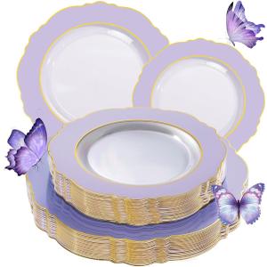 WDF 60pcs Clear Purple Plates Disposable with Gold Rim - Baroque Lavender Purple Plastic Plates for Party/Wedding/Spring Picnic