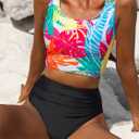 popvil High Waisted Bikini Sets for Women Modest Two Piece Tummy Control Swimsuit Floral Full Coverage Black Bathing Suit (Large)