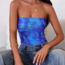 PRETTYGARDEN Going Out Tops for Women 2025 Summer Mesh Floral Y2K Bandeau Cute Crop Strapless Tube Top Trendy Outfits (Blue, L)