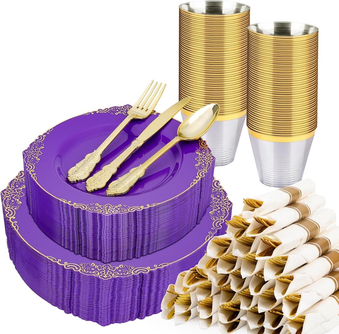 Realluck 350 PCS Purple and Gold Plastic Plates, Plastic Dinnerware Set for 50 Guests, 100 Disposable Plates, 150 Silverwares, 50 Cups, 50 Napkins for Party, Wedding, Graduation