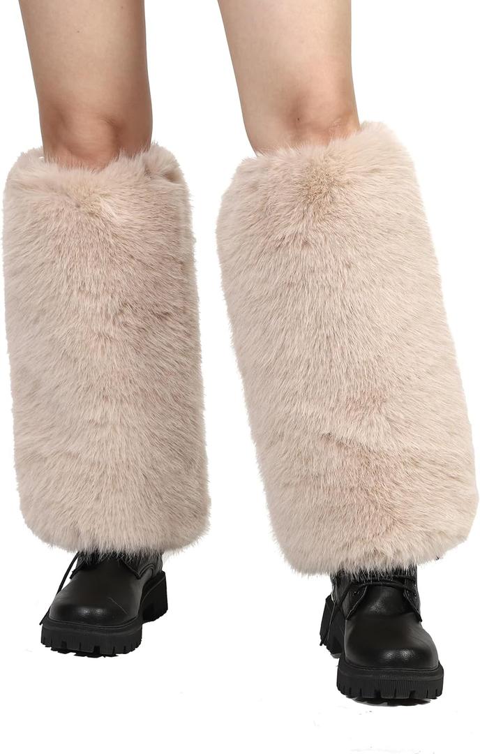 LA CARRIE Women Fuzzy Faux Fur Leg Warmers Fluffy Winter Long Foot Cuffs Furry Boot Socks (One Size, Apricot)
