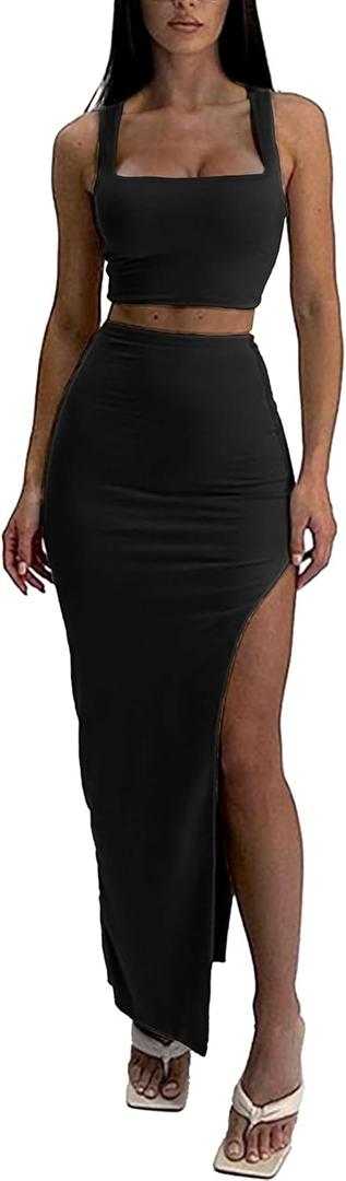 ELLEVEN Two Piece Maxi Skirt Sets for Women, Square Neck Tank Tops with High Side Slit Dress Sets Summer Outfits (Small, Black)