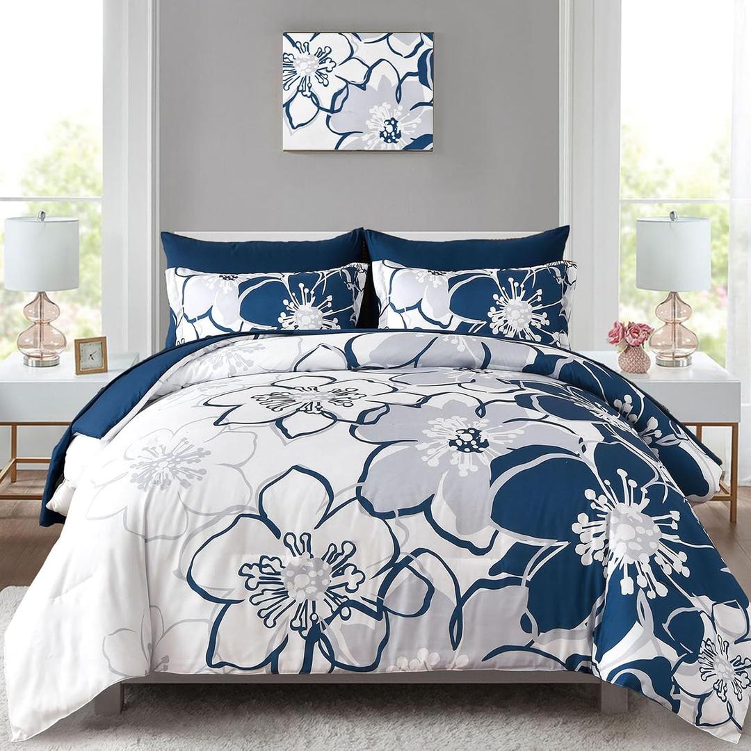 Anibedding Navy Floral Comforter Set King Size 7 Piece, Blue Flower Bed in a Bag, Elegant Botanical Floral Comforter Soft Microfiber Complete Bedding Set for All Season, (Navy Blue, 104"x90")