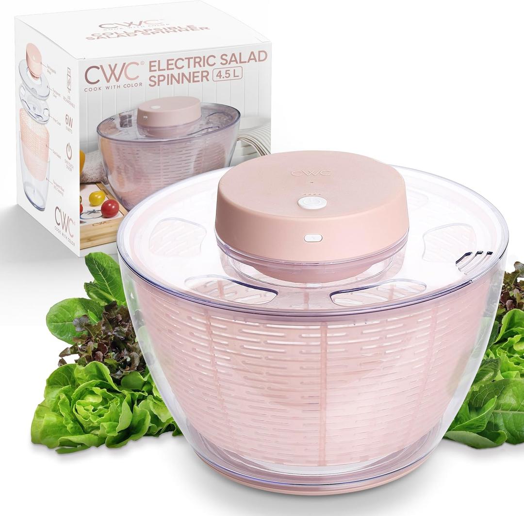 COOK WITH COLOR Electric Salad Spinner, Round 4.5L Capacity  Fast Drying & Easy Spin for Fresh Greens, Pink (Pink)