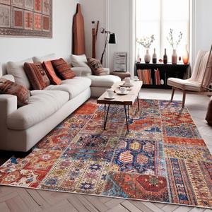8x10 Washable Large Area Rugs for Living Room,Geometric Boho Rug for Bedroom, Red Blue