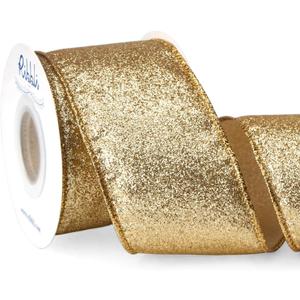 Ribbli Gold Glitter Wired Ribbon with Gold Metallic Edge,Christmas Ribbon for Wreath, Tree Decoration, Home Decor, 2-1/2 Inch x 10 Yards
