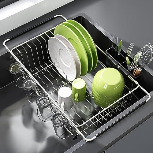 Amazon.com - JASIWAY Dish Drying Rack in Sink, Expandable Stainless Steel Dish Drainers for Kitchen Counter, Dish Dryer Rack for Inside Sink, Over The Sink Dish Racks with Utensil Holder, Silver
