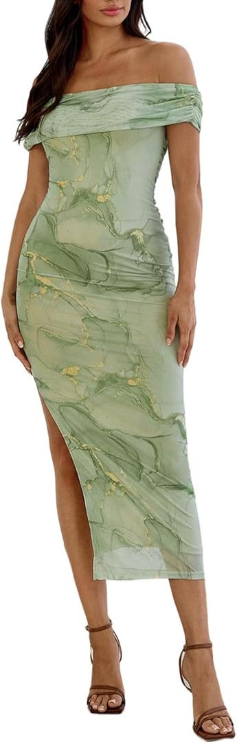 Floerns Women's Floral Print Off Shoulder Short Sleeve Ruched Bodycon Long Dress (Size Medium, Green)