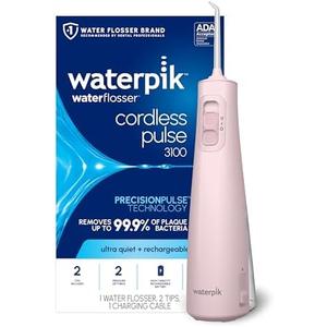Waterpik Cordless Pulse 3100 Rechargeable Portable Water Flosser for Teeth, Gums, Braces Care and Travel with 2 Flossing Tips, Waterproof for Shower Use, ADA Accepted, WF-20 Pink