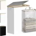 efluky Slim Laundry Basket with Lid, Narrow Laundry Hamper with Removable Bag, Skinny Dirty Clothes Basket with Bamboo Handles for Bathroom, Bedroom & Laundry Room, 65L White