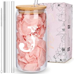 Personalized Tumbler, Monogrammed Can Glass Cups with Bamboo Lids and Straws, Customized Gifts for Women, Cute Design Initial Iced Coffee glasses, Custom Letter Mug, Birthday Bridesmaid, J