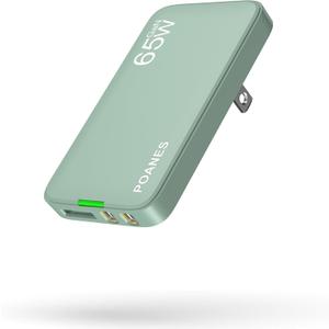 65W GaN USB C Charger, Ultra-Slim Wall Charger (Dual C + USB-A) with PD3.0/PPS, Foldable Plug for Travel for MacBook, Laptops, Tablets, iPhone(Mint Green-65W)