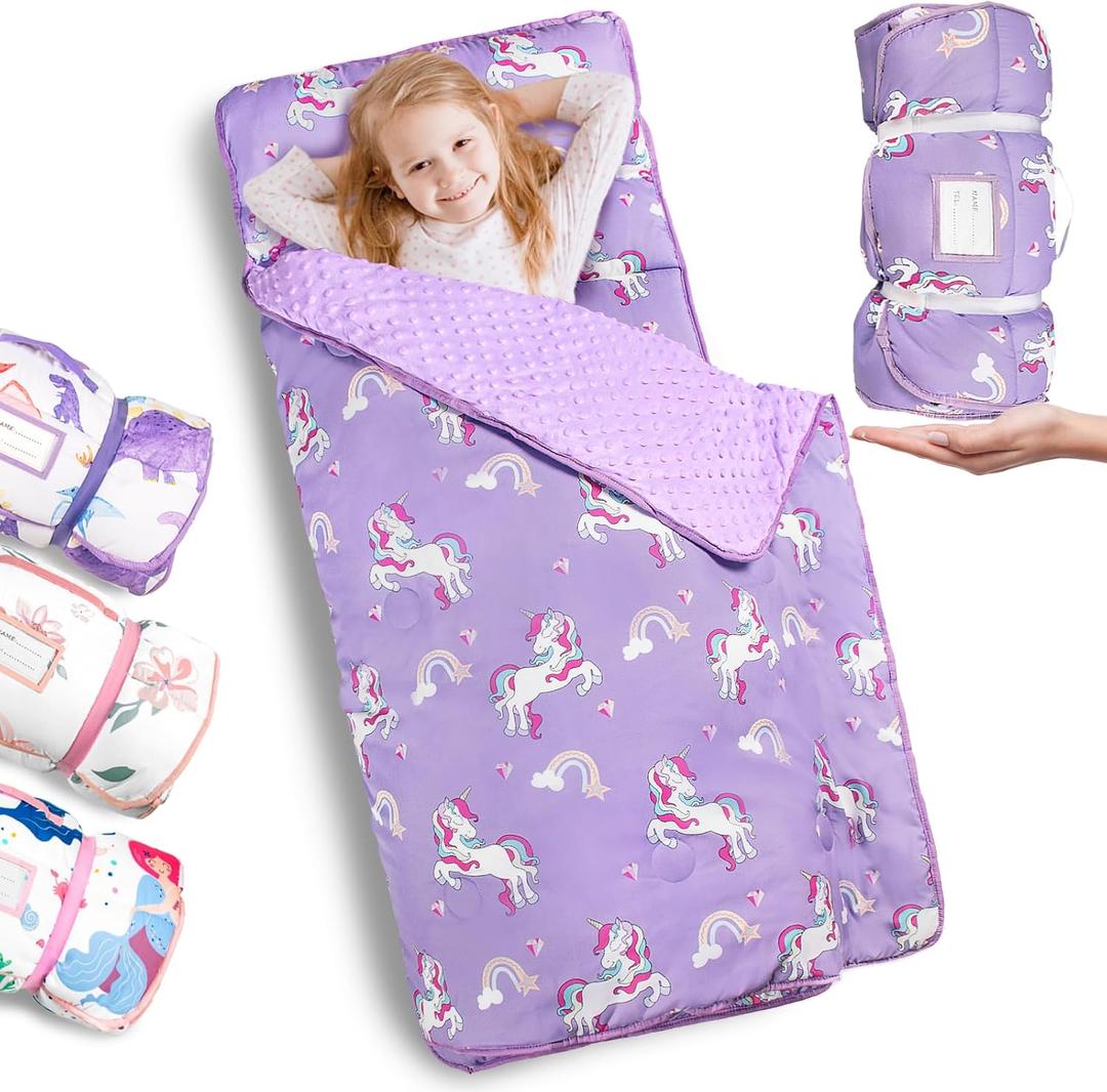 Primlect Thickened Toddler Nap Mat with Removable Pillow and Minky Blanket, Extra Large 55''x35'' Sleeping Bag, Washable, Roll up, Perfect for Daycare, Preschool, Kindergarten, Boys and Girls Purple
