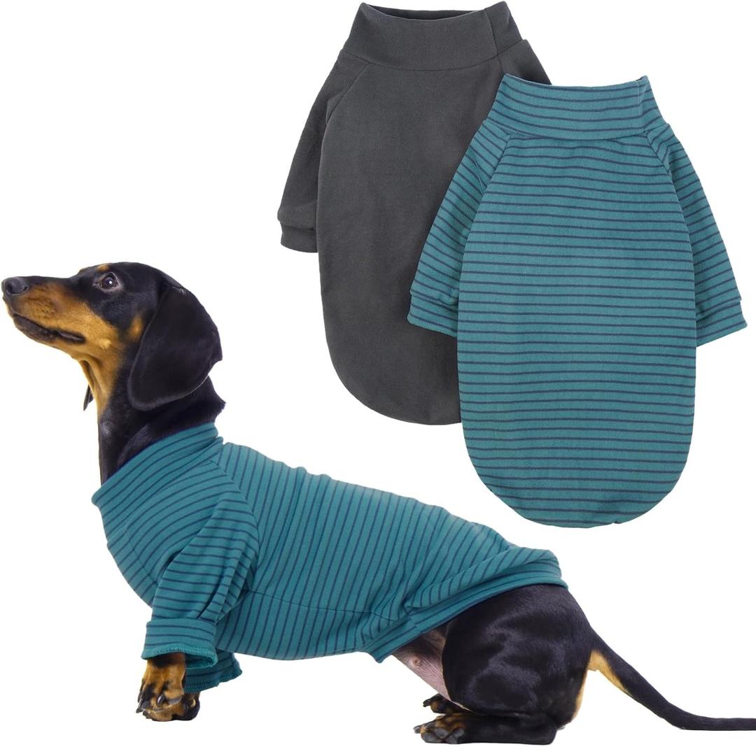 IECOii 2 Pack Dog Fleece Sweater for Small Dogs, Warm Dog Turtleneck with Stretch for French Bulldog, Cozy Fall Winter Pullover Dogs Sweatshirt with Sleeve, Indoor & Outdoor Sweaters for Walking, L (Large(Chest:16.5-19.7 in), Blue Stripes + Gray)