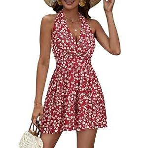 HUHOT Short Resort Wear Plus Size Athletic Rompers Summer Sun Dresses For Women Dressy 2024 Romper Vacation Outfits For Curvy Women Backless Red Floral Womens Short Rompers For Summer Dresses XL