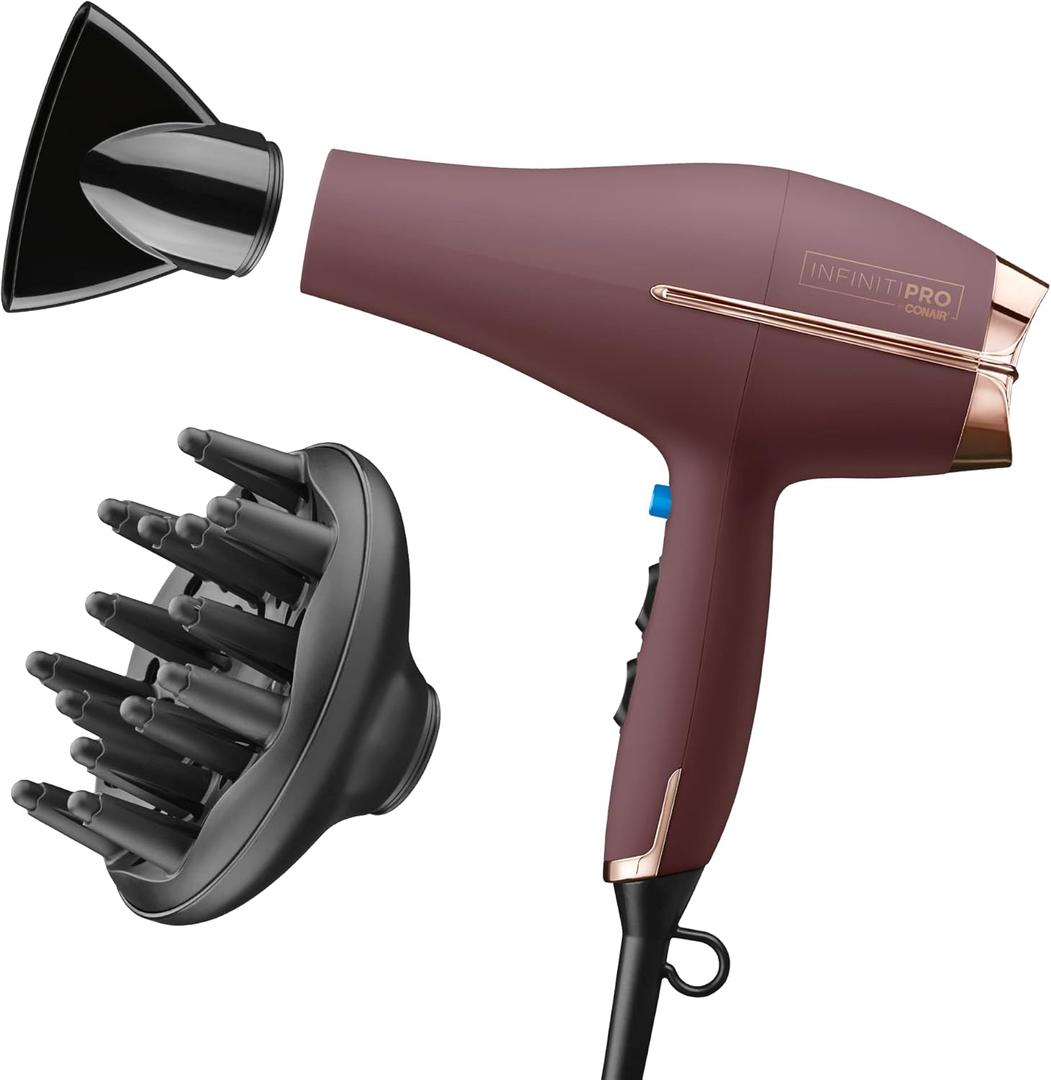 Infiniti PRO by CONAIR Hair Dryer, 1875W Blow Dryer with Diffuser and Concentrator Attachments, AC Motor with Ceramic Technology, 3 Heat & 2 Speed Settings, Plum 