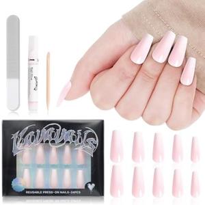 VAVAVAILS Coffin Press On Nails, Ombre & Glossy Fake Nails, Reusable Press Ons Set for Women Daily Wear, Durable, 12 Sizes - 24 Pcs with Glue & Jelly Gel, Gradient Pink