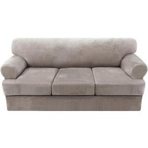 H.VERSAILTEX Sofa Cover 4 Piece T Cushion Sofa Slipcovers Thick Velvet Couch Cover Furniture Protector Stretch Sofa Covers for 3 Cushion Couch with 3 Individual T Cushion Covers Washable, Taupe, 3 Cushion Sofa