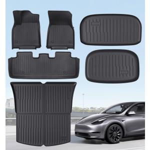Floor Mats Fits for Tesla Model Y 5-Seat 2024-2020 - All Weather TPE Front, Rear, Cargo & Sub-Trunk Mats, 6-Piece Custom Fit (Not Fit 7-Seat)